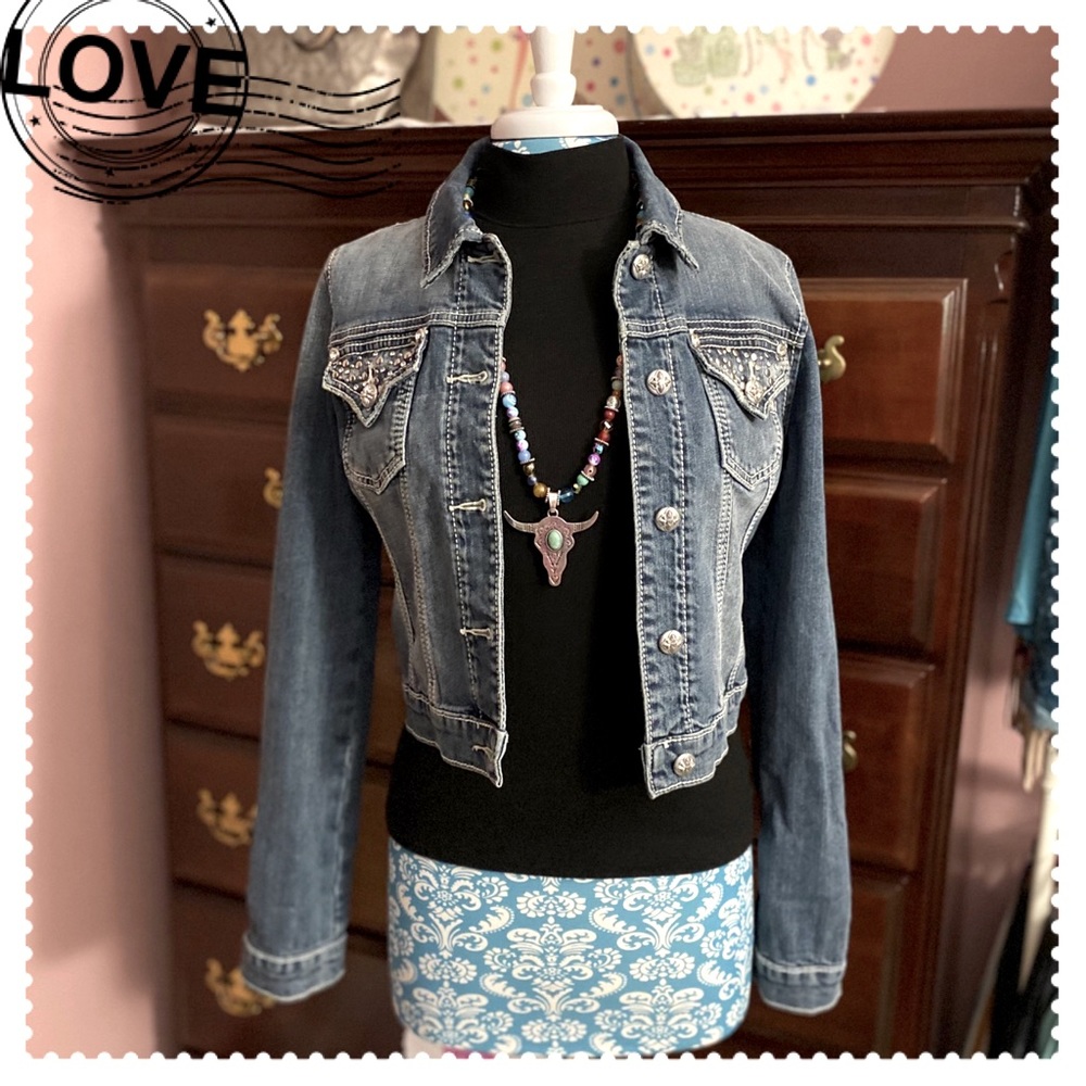 Miss Me Rhinestone & Silver Studded Jean Jacket - Size M